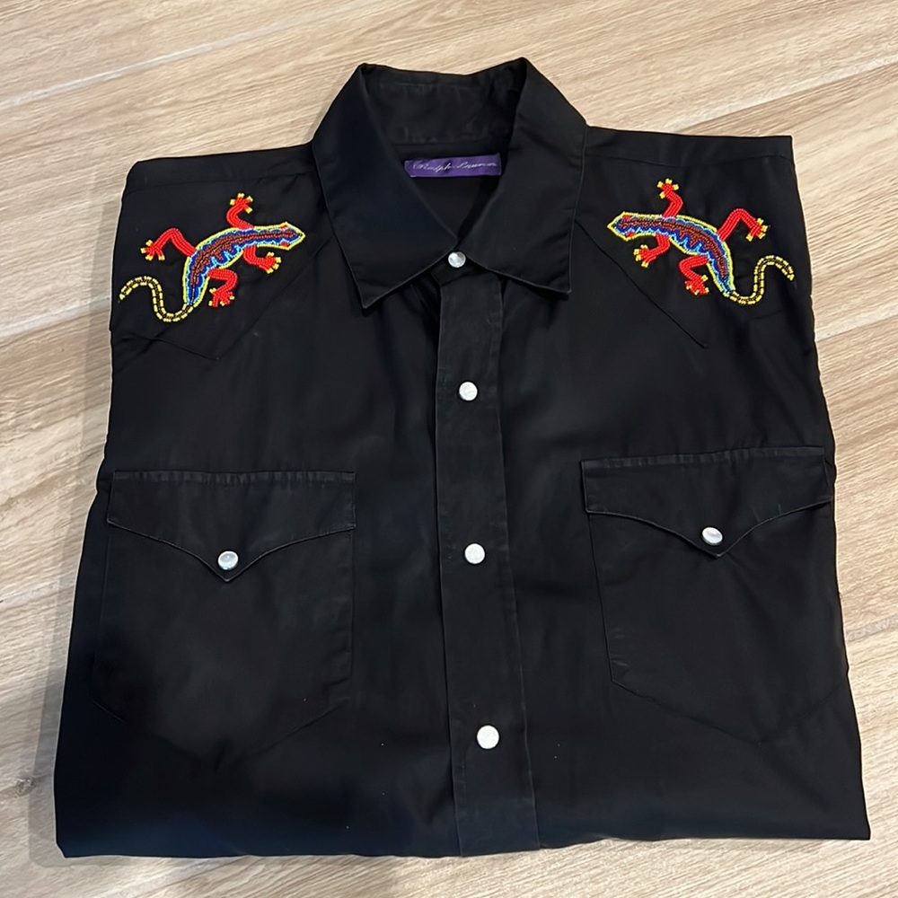 Ralph Lauren Purple label beaded Western shirt size M pearl snap buttons Cowboy - Picture 2 of 14